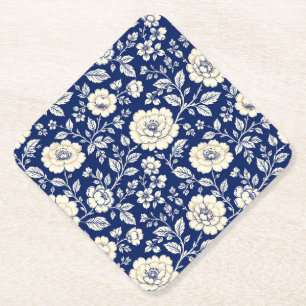 Classic Navy Blue & Cream Vintage Floral Botanical Paper Coaster