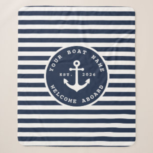 Classic Navy Blue Custom Boat Name Anchor Sherpa Blanket