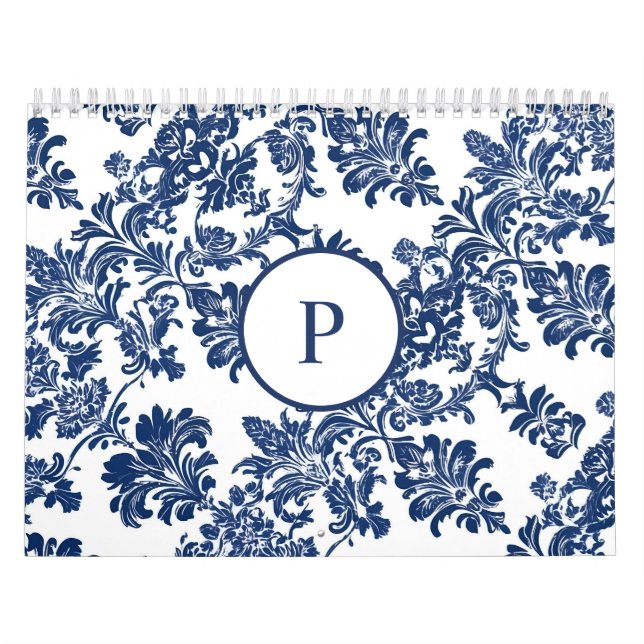 Classic Navy Blue Damask Pattern Calendar (Cover)