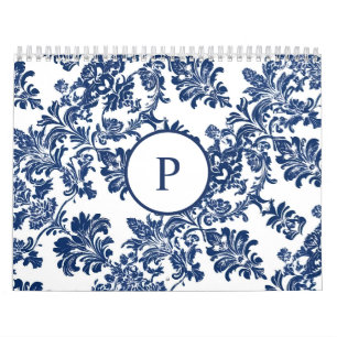 Classic Navy Blue Damask Pattern Calendar