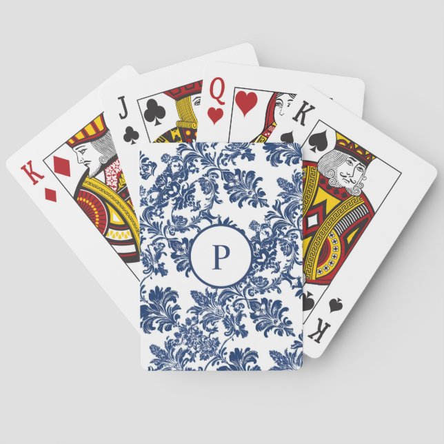 Classic Navy Blue Damask Pattern Playing Cards (Back)