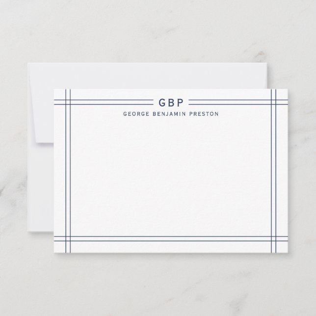 Classic Navy Blue Double Line Border Monogram Card (Front)