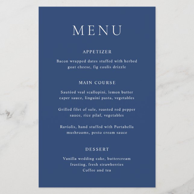Classic Navy Blue Elegant Budget Wedding Menu (Front)
