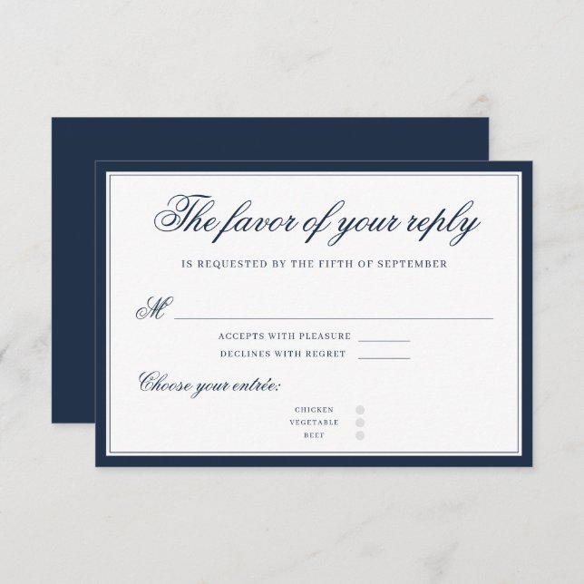Classic Navy Blue Elegant Script Sophisticated RSVP Card (Front/Back)