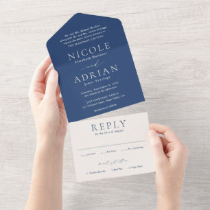 Classic Navy Blue Elegant Wedding All In One Invitation