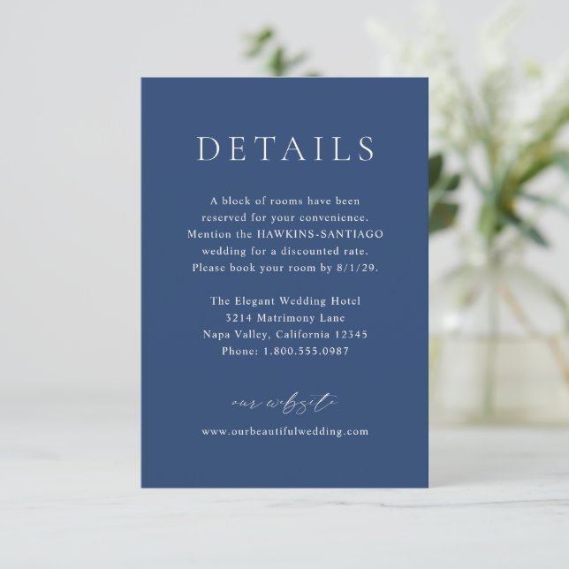 Classic Navy Blue Elegant Wedding Enclosure Card (Standing Front)