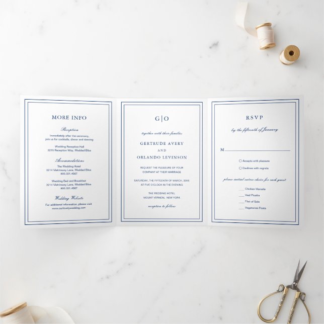 Classic Navy Blue Elegant Wedding Tri-Fold Invitation (Inside)