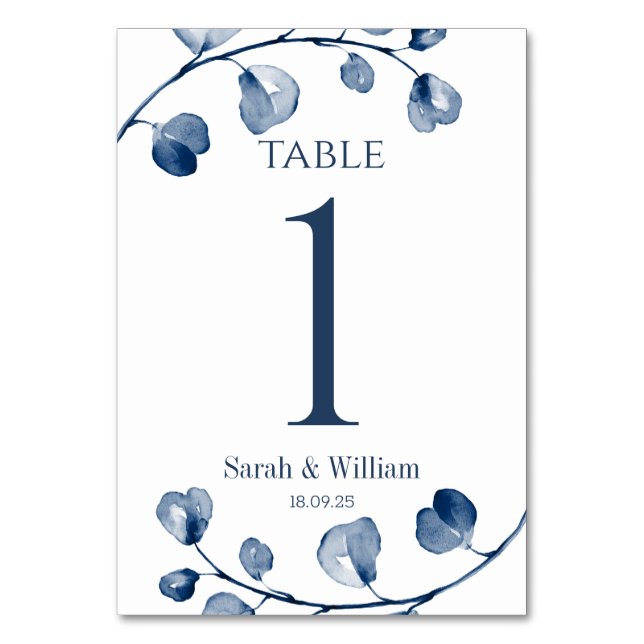 Classic Navy Blue Eucalyptus Wedding Table Number (Front)