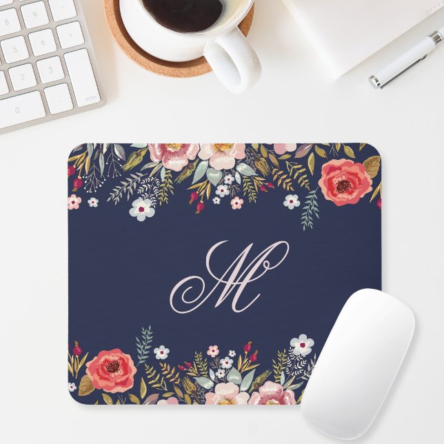 Classic Navy Blue Floral Custom Initial Mouse Pad (Creator Uploaded)