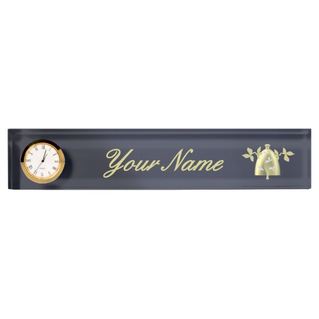 Classic Navy Blue Gold Floral Bell Custom  Nameplate (Front)
