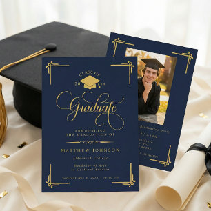 Classic Navy Blue Gold Graduation Invitation