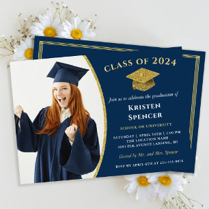 Classic Navy Blue Gold Photo Graduation Invitation