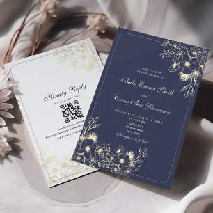 Classic Navy Blue Gold QR Code Wedding Invitation