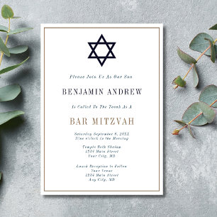 Classic Navy Blue Gold Star Bar Mitzvah  Invitation