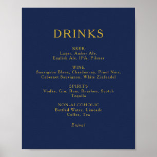 Classic Navy Blue Gold Wedding Drinks Menu Sign