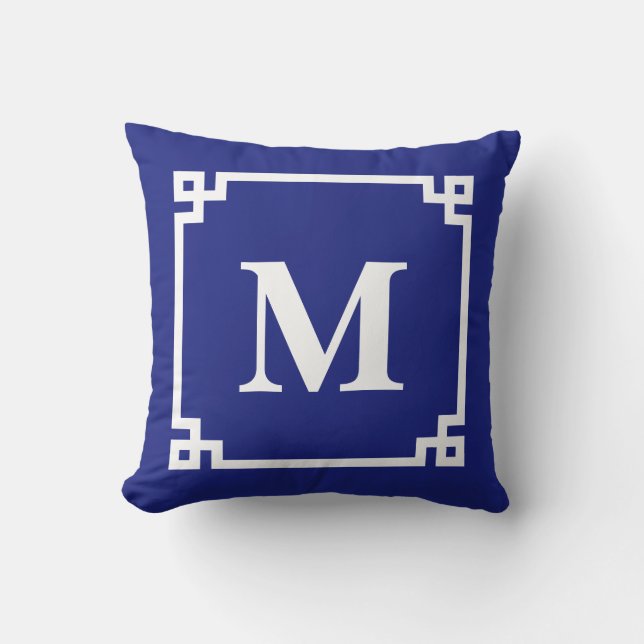 Classic Navy Blue Greek Key  Border Monogram Cushion (Front)