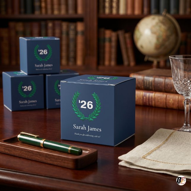 Classic Navy Blue & Green Laurel Wreath Graduation Favour Box (Creator Uploaded)