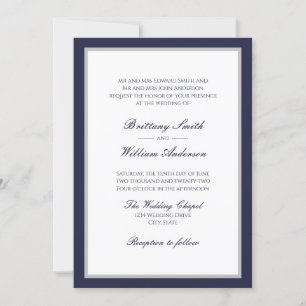 Classic Navy Blue Grey Border Wedding Invitation