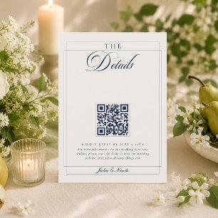 Classic Navy Blue Ivory Calligraphy QR Details Enclosure Card