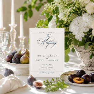 Classic Navy Blue Ivory Calligraphy QR Wedding Invitation