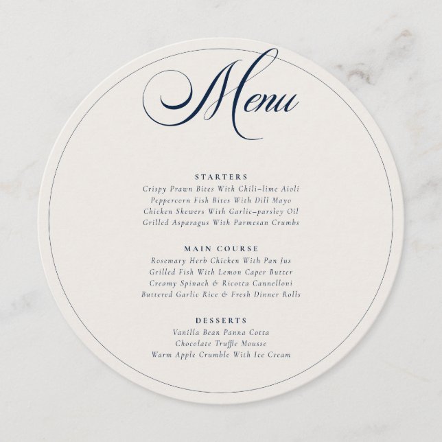 Classic Navy Blue Ivory Calligraphy Wedding Menu (Front)