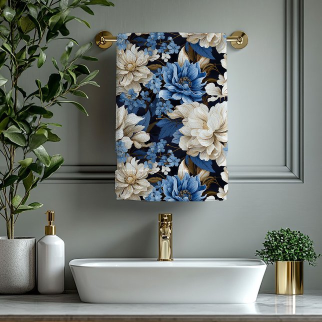 Classic Navy Blue Ivory Gold Floral Towel (Classic Navy Blue Ivory Gold Floral Towel)