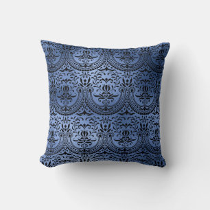 Classic Navy Blue Metal Foil Swirls Damask Cushion