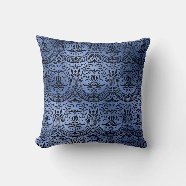 Classic Navy Blue Metal Foil Swirls Damask Cushion (Front)