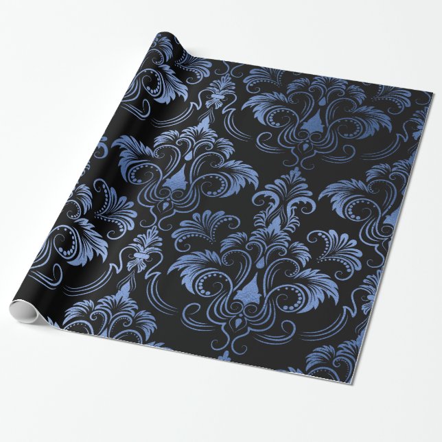 Classic Navy Blue Metal Foil Swirls Damask Wrapping Paper (Unrolled)