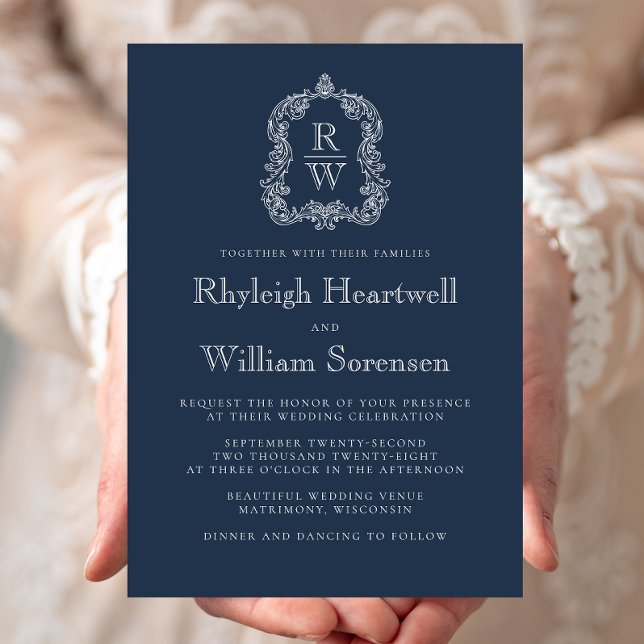 Classic Navy Blue Monogram Crest Wedding Invitation (Creator Uploaded)