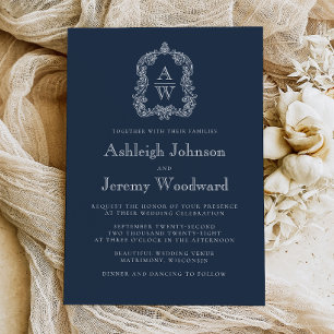 Classic Navy Blue Monogram Crest Wedding Invitation