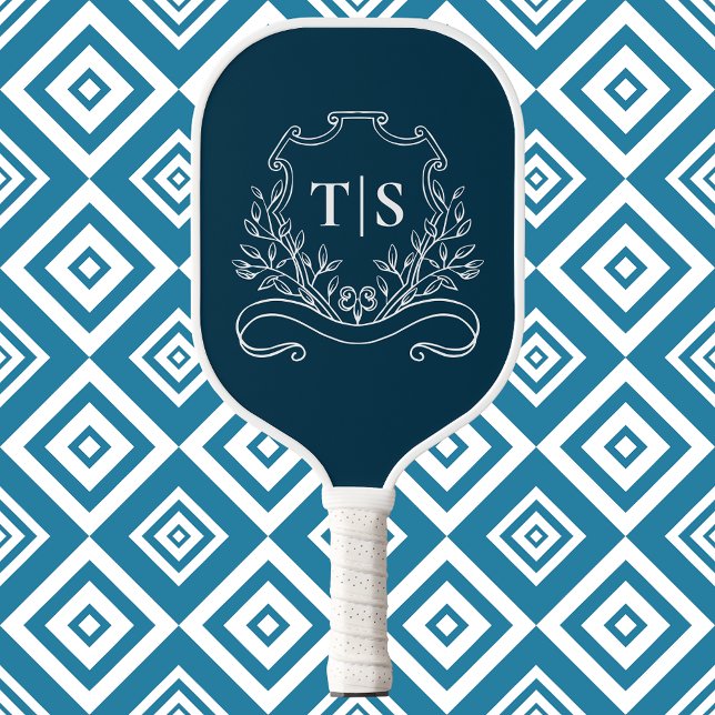 Classic Navy Blue Monogram Custom Initial Crest Pickleball Paddle (Classic Navy Blue Monogram Custom Initial Crest Pickleball Paddle)