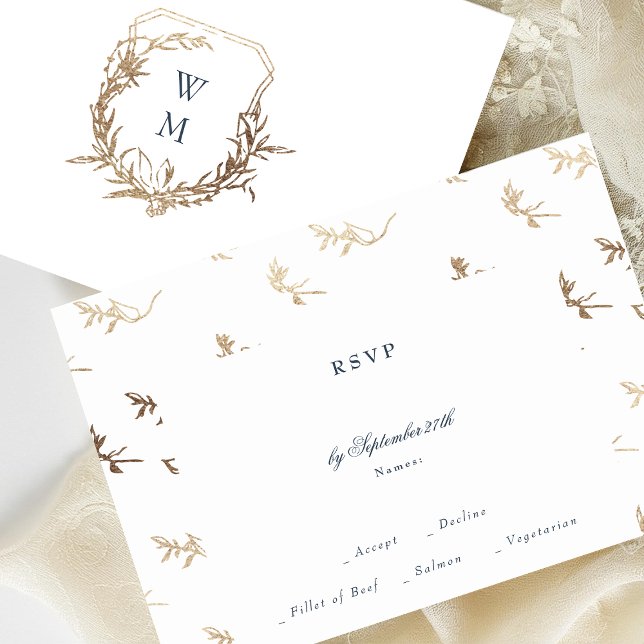 classic Navy Blue monogram gold crest wedding RSVP Card (Creator Uploaded)