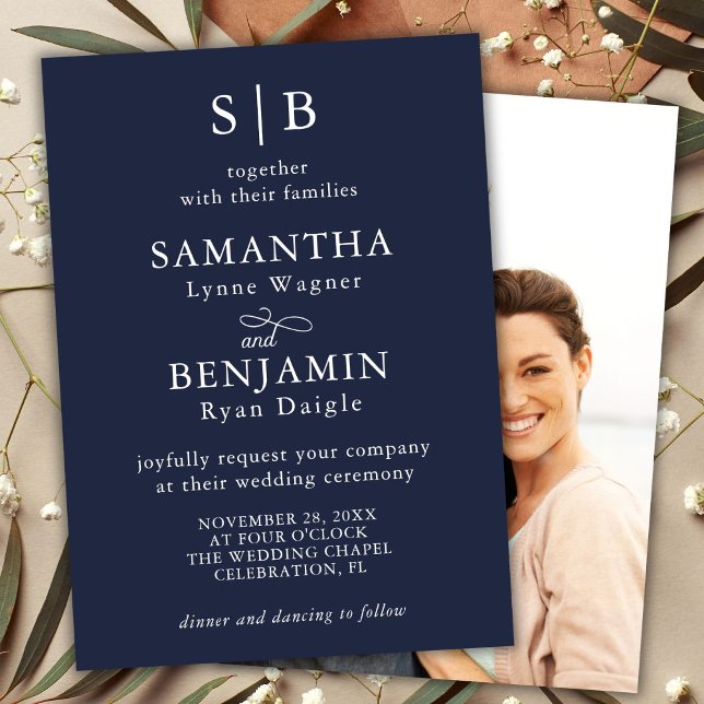 Classic Navy Blue Monogram Photo Wedding Invitation (Creator Uploaded)