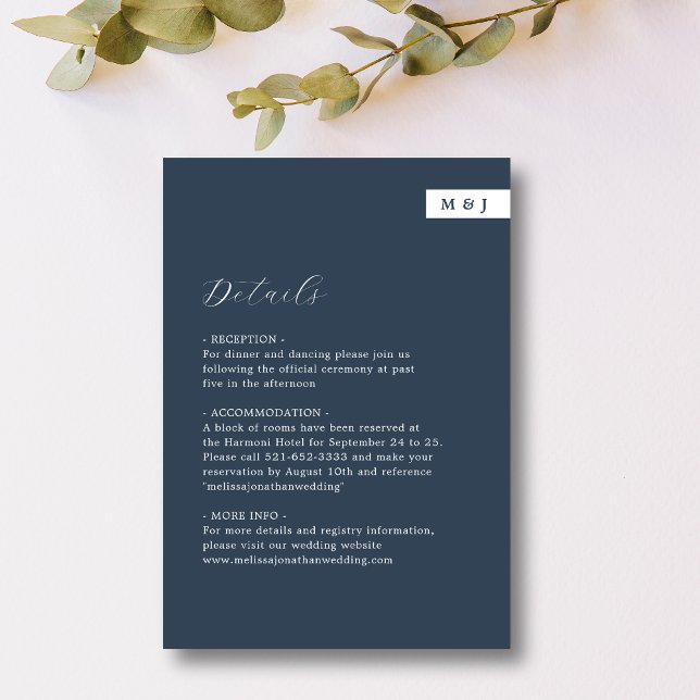 Classic Navy Blue Monogram Script Wedding Details Enclosure Card (Creator Uploaded)