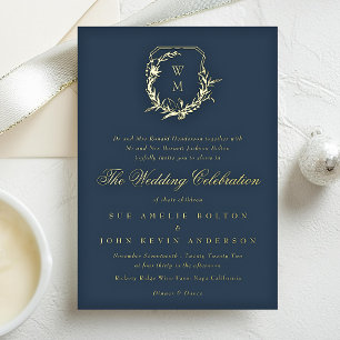 classic Navy Blue monogrammed wedding gold crest
