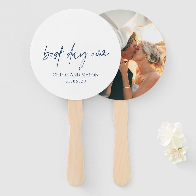 Classic Navy Blue Photo Elegant Wedding Hand Fan (Front and Back)