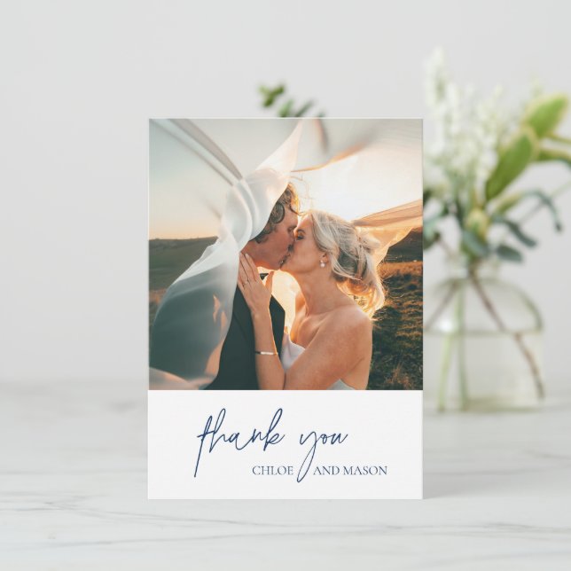 Classic Navy Blue Photo Elegant Wedding Thank You Card (Standing Front)