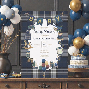 Classic Navy Blue Plaid Baby Shower Invitation