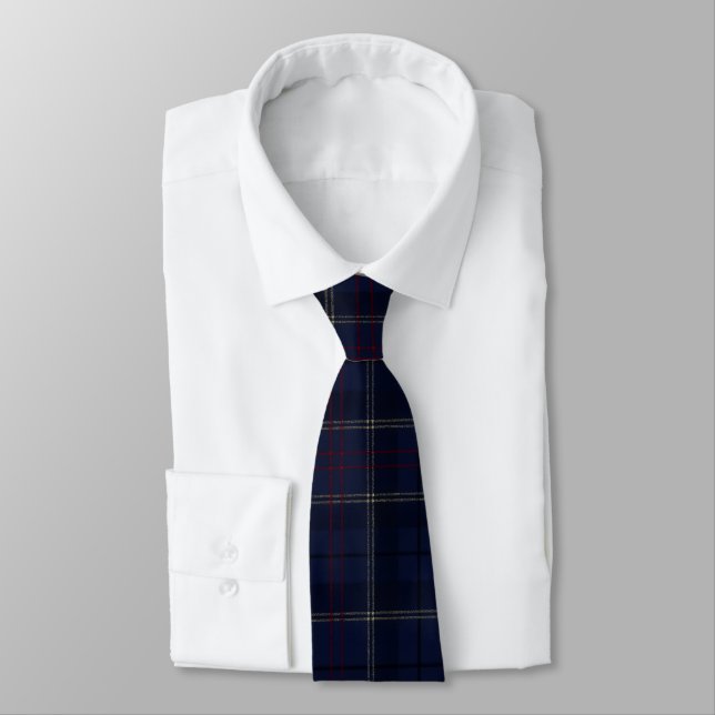 Classic Navy Blue Plaid Christmas Tie (Tied)