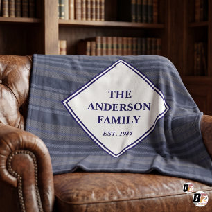 Classic Navy Blue Plaid Custom Family Name Fleece Blanket