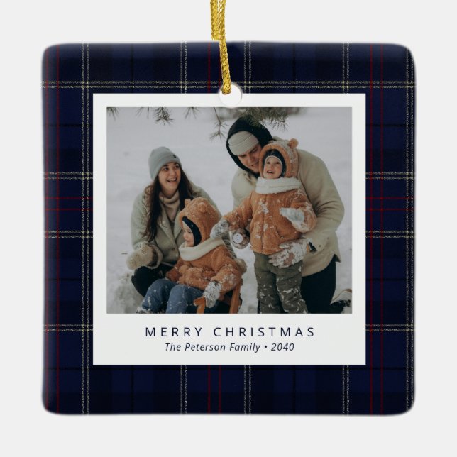 Classic Navy Blue Plaid Family 4 Photo Holiday Ceramic Ornament (Front)