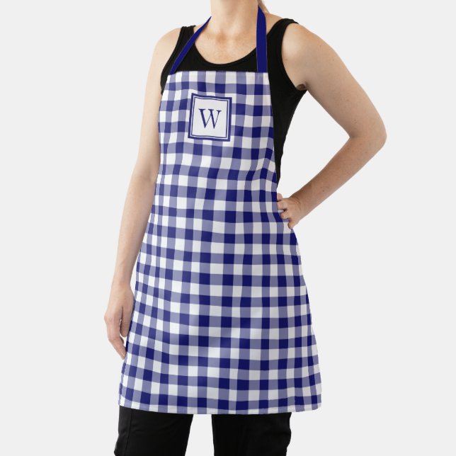 Classic Navy Blue Plaid Monogram Apron (Insitu)