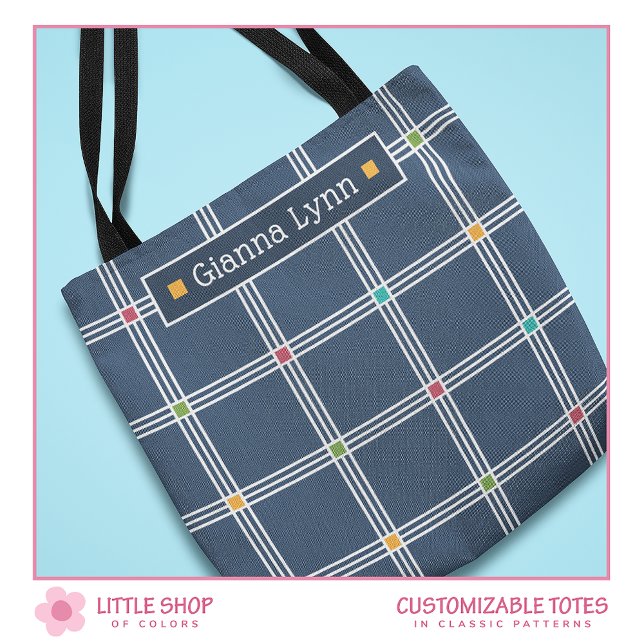 Classic Navy Blue Plaid Monogram Tote Bag (Creator Uploaded)