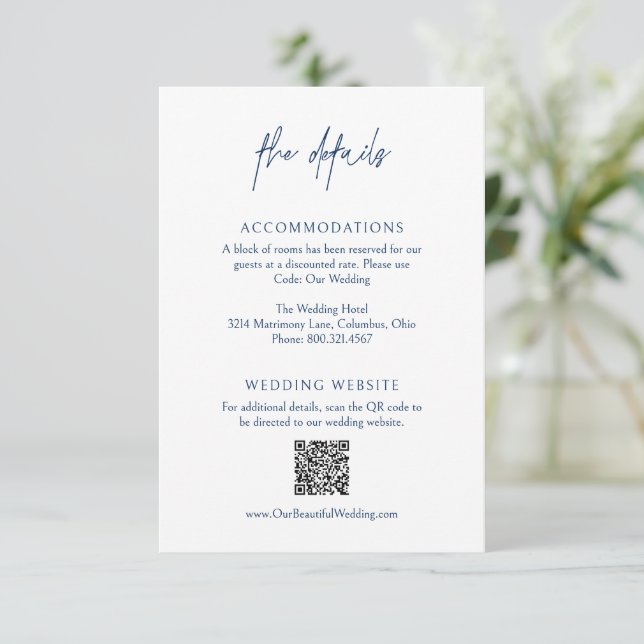 Classic Navy Blue QR Code Elegant Wedding Enclosure Card (Standing Front)