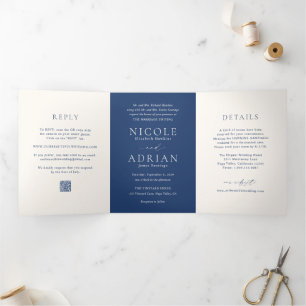 Classic Navy Blue QR Code Elegant Wedding Tri-Fold Invitation