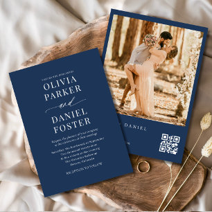 Classic Navy Blue QR Code Photo Wedding Invitation
