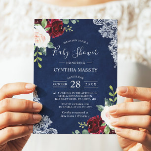 Classic Navy Blue Red Blush Floral Baby Shower Invitation