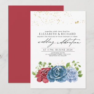 Classic Navy Blue Red Floral Greenery Wedding  Invitation