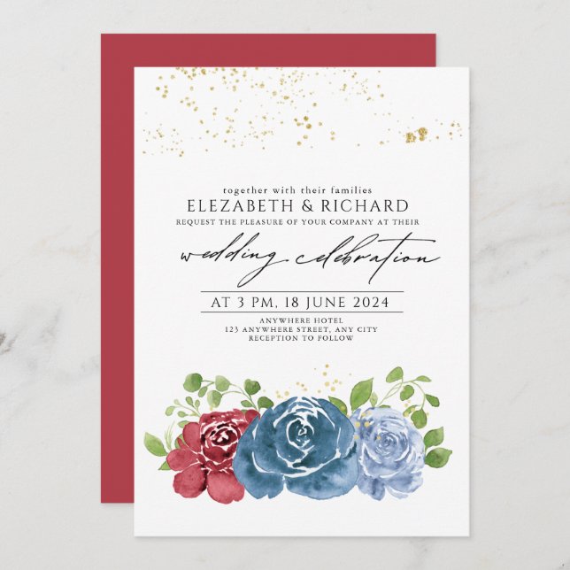 Classic Navy Blue Red Floral Greenery Wedding  Invitation (Front/Back)